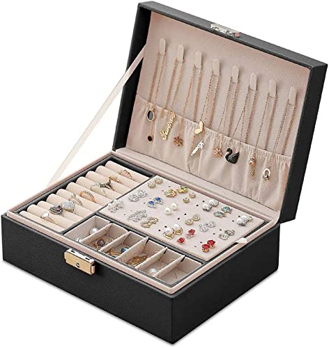 Jewellery Box,Travel Jewellery Case,Jewellery Boxes Organiser for Women Girls,2 Layers PU Leather Large Jewelry Storage Case Removable Compartment for Necklace Earrings Rings Bracelets (Black)