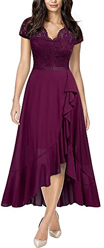 MIUSOL Women's Elegant V-Neck Lace Evening Formal Party Wedding Guest Long Dress (X-Large, Magenta)