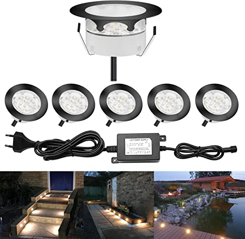 CHNXU 6er Set LED Treppen Bodeneinbaustrahler Warmes Weiß Terrassenbeleuchtung Bodenspots Ø60mm IP67 Wasserdicht DC 12V 1,5W innen Außen Lampe Boden Einbauleuchten Küche Garten Dekolicht, Schwarz