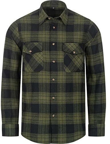 Safetytex Flanell Arbeitshemd - Holzfäller Hemd aus Baumwolle - Kariertes Flanellhemd - Langarm Karohemd - Oliv/schwarz kariert - Größe L