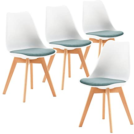 EGGREE 4er Set Esszimmerstühle mit Massivholz Buche Bein SGS Geprüfter, Skandinavisch Design Gepolsterter aus Samt Küchenstuhl Essstühle, Weiß & Grasgrün