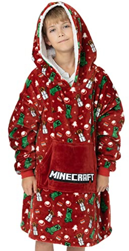 Minecraft Xmas Oversized Blanket Hoodie Kids | Boys Girls Creeper TNT Explosive Snowman Double Lined Sherpa Fleece Festive Sweater | One Size Big Pocket Red