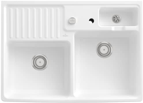 Villeroy & Boch Spülstein Doppelbecken, inklusive Ablaufgarnitur mit Excenterbetätigung, aus Keramik, 895 x 630 mm, Stone White CeramicPlus