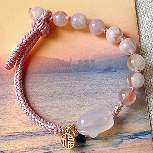 Feng Shui Armband Erdbeer Quarz Armband Hase Glücksbringer Armband Natürliches Jade Armband for Frauen Handgefertigtes Buddhistisches Armband Verstellbarer Talisman Attract Wealth Love,Achat Dekoratio
