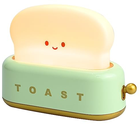 Night Light Cute Toast Lamp - Bedside Lamp for Children, Adjustable LED Night Light with USB Rechargeable Timer, Portable Bedroom Toaster Bedside Lamps for Child,Teenager, Nursery Decoration (Green)