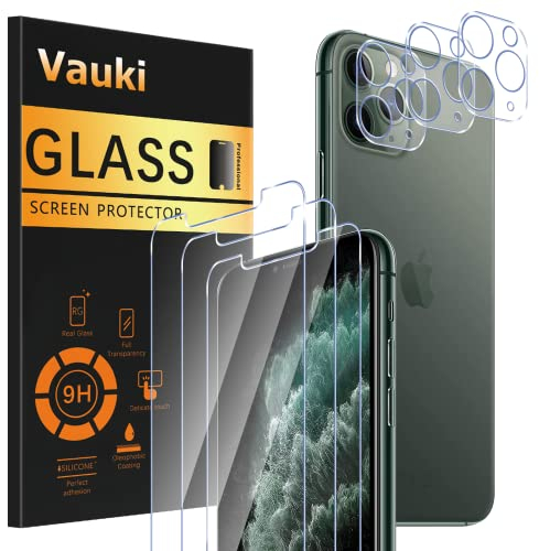 Vauki - Juego de 3 protectores de pantalla de cristal templado para iPhone 11 Pro con cámara de 3 piezas, HD, protector de pantalla, 9H dureza, antiarañazos, sin burbujas, ultra transparente para