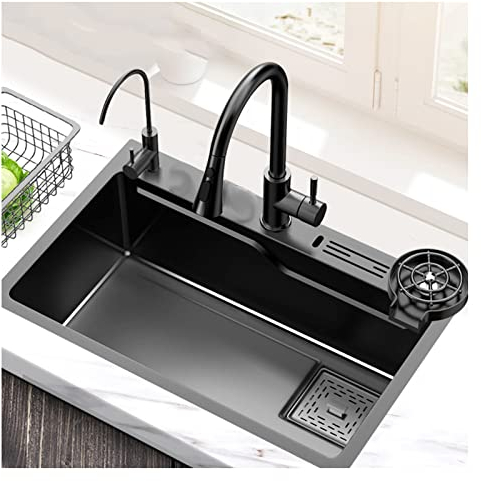 BEdaw Fregadero Durable, Fregadero de Cocina, Nano Fregadero de Acero Inoxidable, Fregadero Integrado de Cocina Multifuncional, con Lavavajillas Estación de Trabajo Repisa de un Solo Tazón/Black/60*