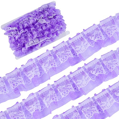 GORGECRAFT 12.5 Yard Doppellagiges Organza-Spitzenband Plissierter Satin-Spitzenkantenbesatz 25mm Breit Lila Rüschen-Chiffon-Kantenbesatz Tüllstoff Für Stoffapplikationen Verzierung DIY Nähen