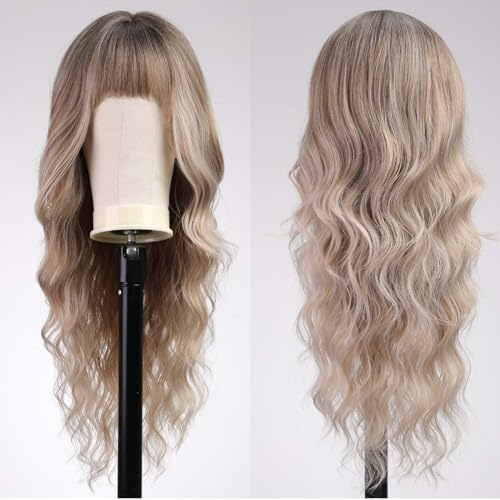 EMMOR Ombre Aschblonde Perücken mit Pony, lockige synthetische Damenperücke, lange hitzebeständige Perücke für den täglichen Gebrauch, natürlich und bequem