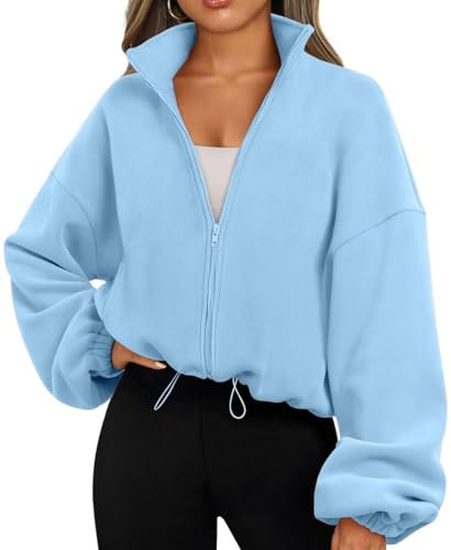 EUDOLAH Damen Reißverschluss Sweatshirt Langarm Fleece Schüttelvlies Pulli Outwear Jacken Herbst Winter Sweatjacke mit Kordelzug Blau S