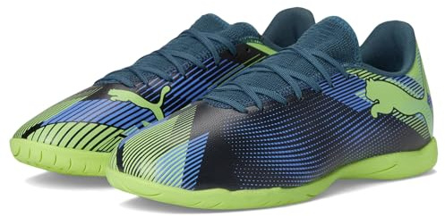 Puma Men's Future 7 Play Indoor Trainer Soccer Shoe, Gray Skies-Elektro Purple-Fizzy Apple-Puma White, 11.5