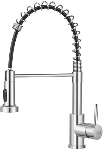 Warmiehomy Kitchen Tap Spring Kitchen Sink Tap with Pull Out Spray,360° Swivel High Arc Single Handle 1 Hole Stainless Steel Kitchen Sink Mixer Tap,Brushed Nickel
