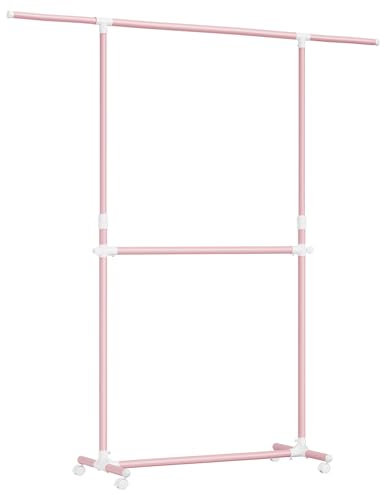SONGMICS Kleiderständer mit 2 Kleiderstangen, ausziehbare Garderobenstange, mit Rollen, Garderobenständer, höhenverstellbar zwischen 113 und 180 cm, untere Stange verstellbar, pastellrosa LLR401R01