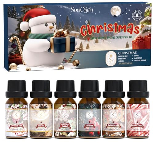 SoulOrigin Weihnachts ätherische Öle Set, Duftöl Set für Öl Diffuser, Duftöl Kerze Herstellung 6x10ml-Weihnachtskuchen, Eier, Süßigkeiten Canes, Lebkuchen, Mistel und Weihnachtspudding