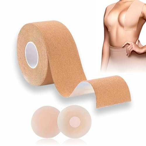 Breast Tape Strapless Boob Tape Breast Lift Tape 5M With 2Pcs Nipple Covers Self Adhesive Booby Body Tape For Large Breasts Stretchable Chest Tape For Tit Bra Tape Under Clothing Women Essentials