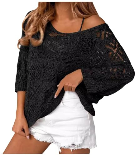 Hauts décontractés à épaules dénudées pour Femmes, Manches 3/4, Pulls en ajourés, légers, surdimensionnés, Hauts en Tricot Doudoune Femmes Doudoune
