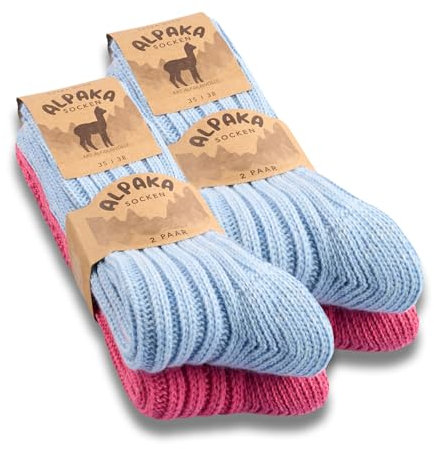 Lot de 4 paires de chaussettes chaudes en laine d'alpaga pour homme et femme, Bleu/rose, 39-42