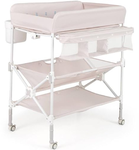 Maxmass Baby Changing Table, Height Adjustable Infant Diaper Changing Station with Wheels, Shelves, Storage Basket and Trash Bin, Foldable Newborn Nappy Table for 0-12 Months (Pink)