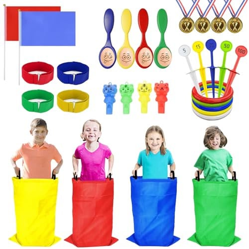 Waylipun Sports Day Kit, 36 Pcs Outdoor Games Set, Sack Race, Ring Toss Game, Egg and Spoon Race, 3 Legged Race, Medal and Whistles, Birthday Party Games Backyard Garden Game Kit for Kids and Family