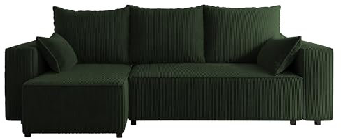 4ALL HOME Ecksofa mit Schlaffunktion Tobi 246x145 cm - Couch - Sofa mit Bettkasten - Eckcouch - L-Form - Schlaffsofa - Schlafsofa mit Bettkasten - Universal (Cord Poso 14 Flaschengrün)