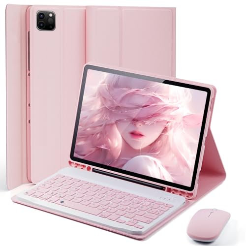 für iPad Air 13 Zoll (M2-2024, M3-2025) Hülle mit Deutsche Tastatur (QWERTZ) und iPad Pro 12,9 Zoll (6, 5, 4, 3 Generation)Tastatur hülle mit integriertem Stifthalter und Maus Keyboard case Rosa