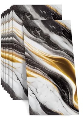 Marble Tile Stickers, 10PCS 60×30cm Kitchen Tiles Self Adhesive, PVC Self Adhesive Bathroom Wall Tiles, Waterproof and Oil-Proof Wall Panels for Kitchen, Bathroom, Bedroom (Black White Gold)