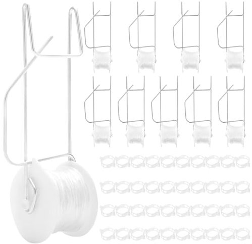 GWCYMYD 10 Pcs Tomato Roller Hooks with 49.2ft Nylon Rope, Metal Trellis Roller Hooks with Planting Clips, Plant Support Hooks for Tomato, Plant, Greenhouse, Flower Vine Twine Crop