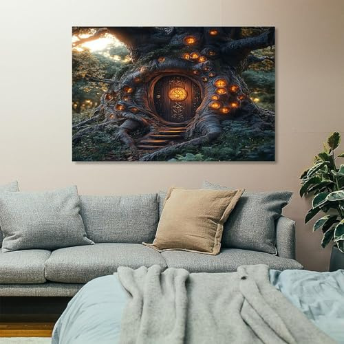 Générique Porte d'arbre magique avec porte bois sculpté Affiche Moderne Toile Tableau Art Peintures Decoration Murale pour Salon Chambre Tableau Decoration, Sans Cadre (50X100CM)