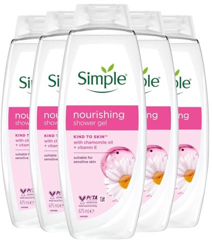 Simple Kind to Skin Nourishing Shower Cream Body Wash, Pack of 5, Shower Gel with Vitamins E and B5, Geranium Oil Dermatologically Tested for All Skin Types and Sensitive Skin, 675 ml
