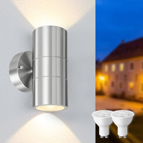 Mizlay 1 Stück Wandleuchten Außen/Innen mit 2x 5W GU10 Lampen Warmweiß,Up Down Leuchte Aussen,Edelstahl Wandleuchte Wasserdichte IP44,Wandlampe Downlight für Eingang Terrasse, Silber
