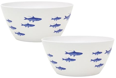 Carousel Home Set of 2 Large Nautical Salad Serving Bowls | Blue Fish Design Plastic Bowls for Outdoor Dining, BBQs & Parties | Durable Kitchen Tableware - 25x12cm