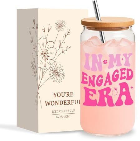 Jars Nova Engaged Gifts for Women | Engagement Present | Glass Cups with Lids and Straws for Bride to Be Fiancee Best Friend Sister