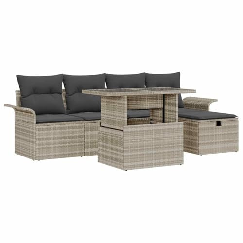 vidaXL 6-teiliges Garten-Sofa-Set mit Kissen in Hellgrau aus Poly-Rattan – Bequeme modulare Terrassen-Lounge-Couch und Sofas im modernen Stil