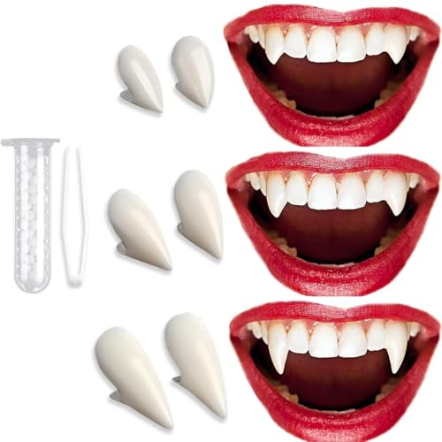 LUYANFX 4 Pairs Halloween Vampir Zähne, 4 Größen Werwolf Zombie Zähne,Wiederverwendbar Vampir Fangs Kit mit 2 Pellets,Vampir Kostüm Accessoires für Halloween Horror Deko Cosplay Party Requisiten (B)