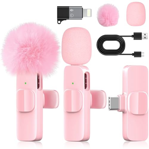 KoXeetech Pink Mini Wireless Microphone for iPhone & Android, Lavalier Microphone with Noise Cancellation, Plug & Play Pink Mic for YouTube, TikTok, Podcast, Live Stream