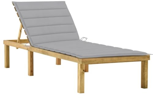 Teenpull Sonnenliege Holz mit Grauer Auflage, Imprägniertes Kiefernholz, Verstellbare Rückenlehne, Gartenliege für Außenbereich, 200x70cm, Langlebig