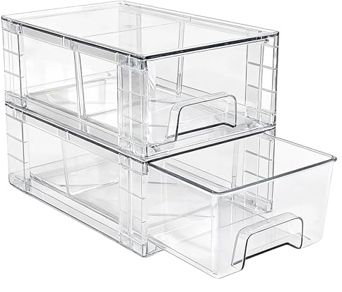 2 Pack Plastic Stackable Storage Drawers, Clear Storage Boxes with Handles