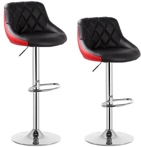 WOLTU Bar Stools Set of 2, Swivel Breakfast Barstools, PU, Black Red | Height Adjustable, Upholstery, Metal Footrest and Base, for Kitchen Island Counter
