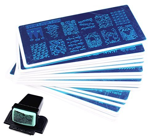 FingerAngel 16pcs Nail Art Stamping Plates Kit with 1pcs Green Stamper & White Holder - DIY Nail Art Template & Tools