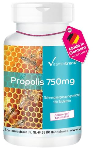 Vitamintrend Extrait de Propolis 750 mg, 120 comprimés, avec galangine, complément alimentaire sans stéarate de magnésium, fabriqué en Allemagne
