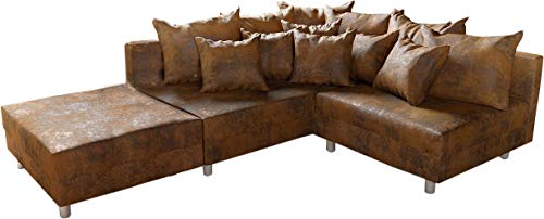 DELIFE Eckcouch Clovis Braun Antik Optik mit Hocker Ottomane Links Ecksofa modular