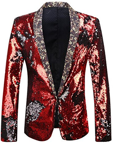 PYJTRL Herren-Blazer mit 2 Farben und glänzenden Pailletten (L, Rot + Schwarz)