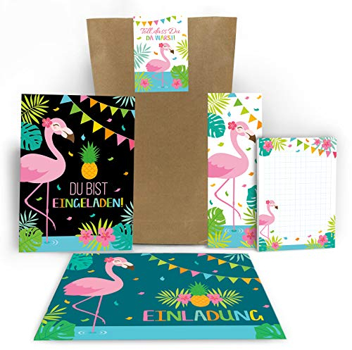 Junaversum 12 Einladungskarten zum Kindergeburtstag Mädchen Flamingo Einladungen Geburtstag Kinder incl. 12 Umschläge, 12 Tüten/natur, 12 Aufkleber, 12 Lesezeichen, 12 Notizblöcke