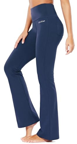 baleaf Yogahose Damen High Waist Schlaghose Bauchkontrolle Freizeithose Baumwolle Sporthose lang Yoga Pants mit Taschen Regulär/Groß Navy L