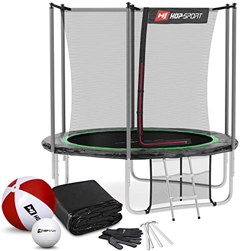 Hop-Sport Trampolin Outdoor Ø 305 cm – Gartentrampolin Komplettset mit 4 stabilen U-Beinen, innenliegendem Netz, Sprungtuch und Leiter sowie Extra-Zubehör, schwarz/grün