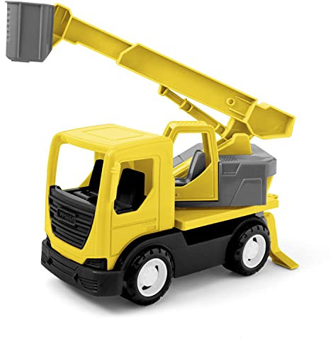 Wader 35368 - Tech Truck LKW mit Kran, Personen-Korb, drehbarem Aufsatz und stabilen Stahlachsen, ca. 31 x 14,5 x 19 cm groß, gelb, ab 12 Monaten, ideal als Geschenk für kreatives Spielen