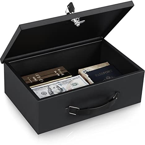 KYODOLED Fireproof Document Box with Key Lock, Small Lock Box for Personal Items, Fire and Water Resistance, 12.8'' x 8.4'' x 4.5'' Black