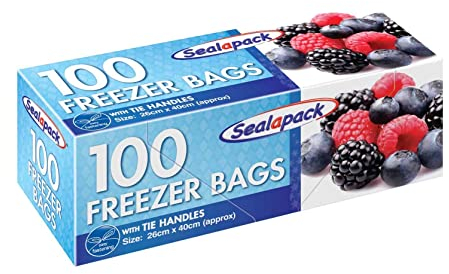 Sealapack 100 Fridge Freezer Food Bags with Tie Handles Large Food & Freezer Clear Plastic Storage Sandwich Bags with Tie Handles for All Types of Food Preservations 26cm x 40cm (1)