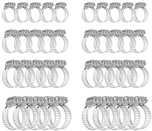 40 Pcs Hose Clips Set, 6-51mm Stainless Steel Hose Clips Assorted Adjustable Hose Clamps Pipe Clamps for Hose Pipe Tube, 6-12mm,13-19mm,14-27mm, 27-51mm