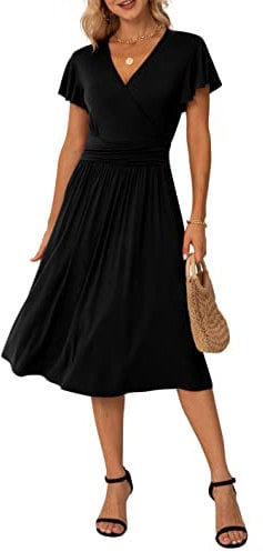 GRECERELLE Womens Summer Wrap Dress Ladies Casual Ruffle Short Sleeve V-Neck Floral Beach Dresses for Women (01 Black, L)